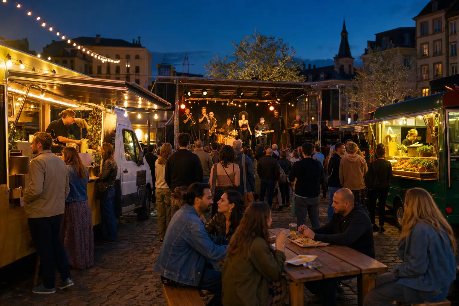 Abendliches Festival mit Live-Bühne und Food-Trucks