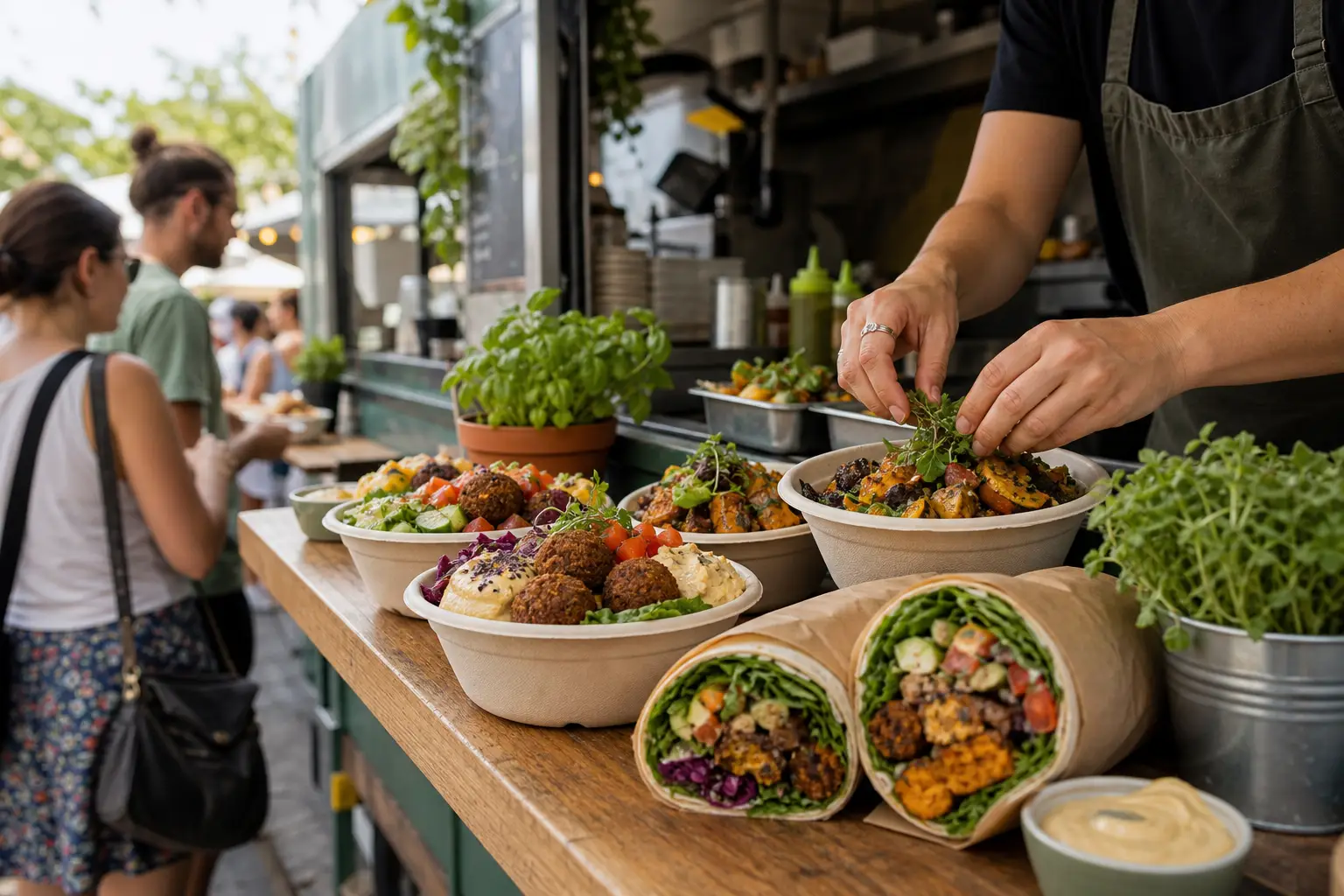 Farbenfrohe vegane Bowls am Food-Truck-Tresen